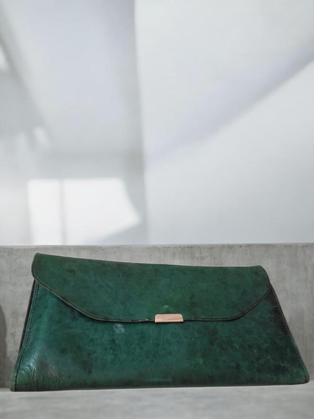 Vintage Green Leather Made In Mexico Envelope Distressed Patina Wallet